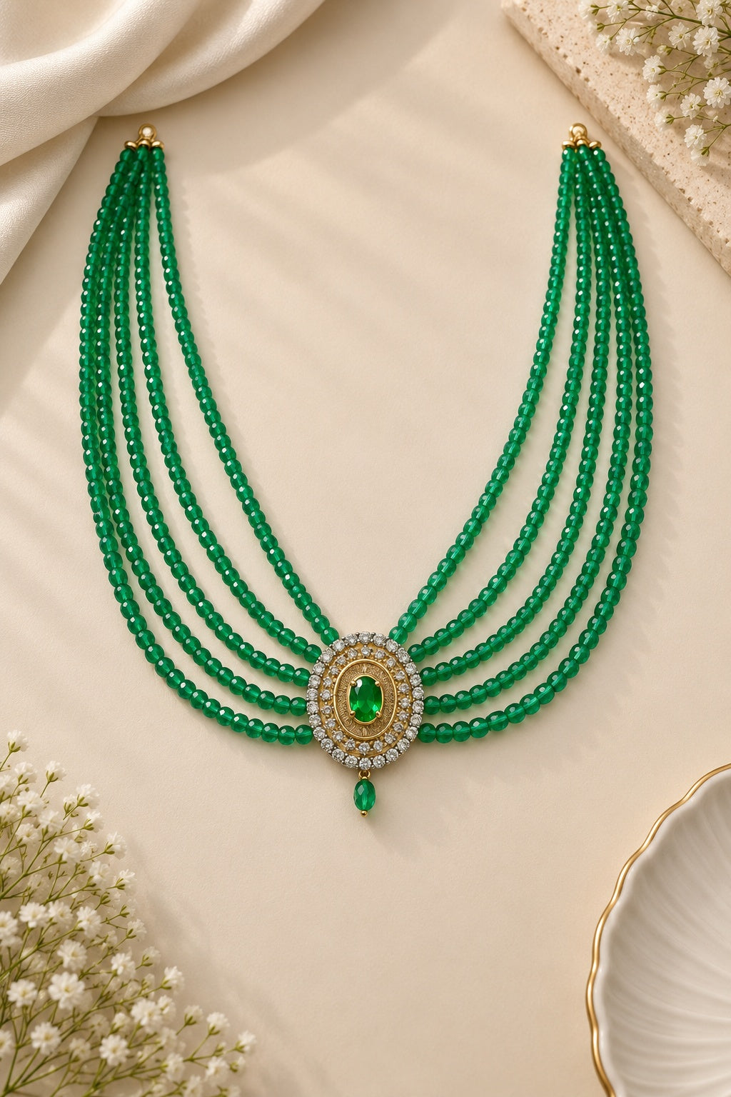 Green CZ 5 Line Maala with Brooch Necklace