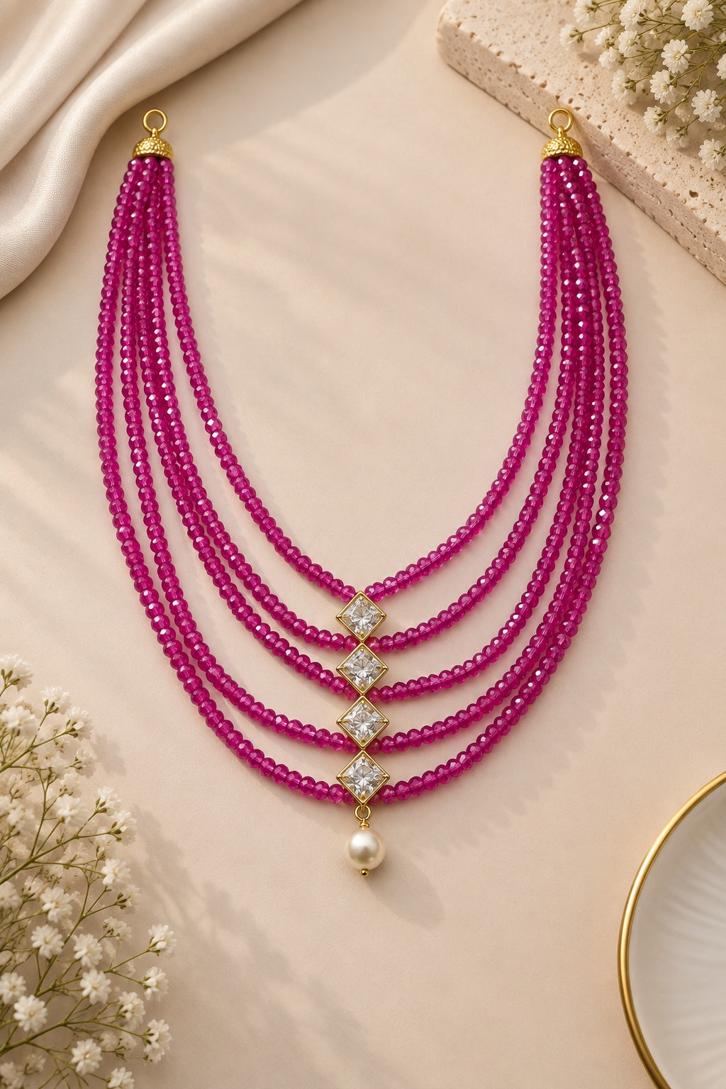 Pink CZ 5 Line Maala with Brooch and Kundan Stones