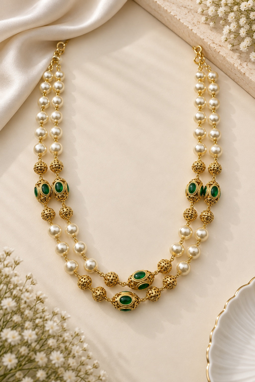 8mm Double Line Short Pearl Necklace with gundu