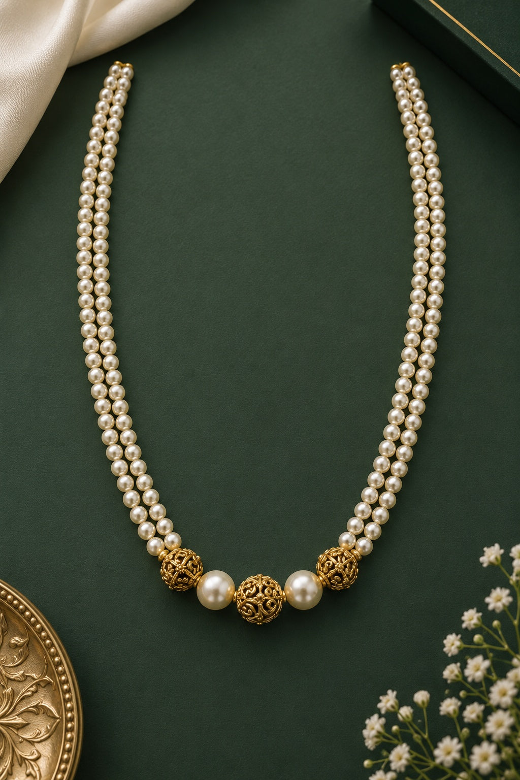2 Line Pearl Short Maala with Antique Gundu