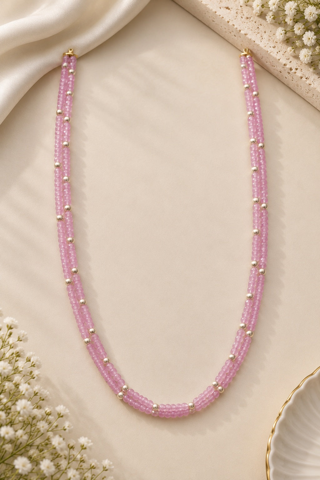 Pink CZ 2 Line Maala Necklace