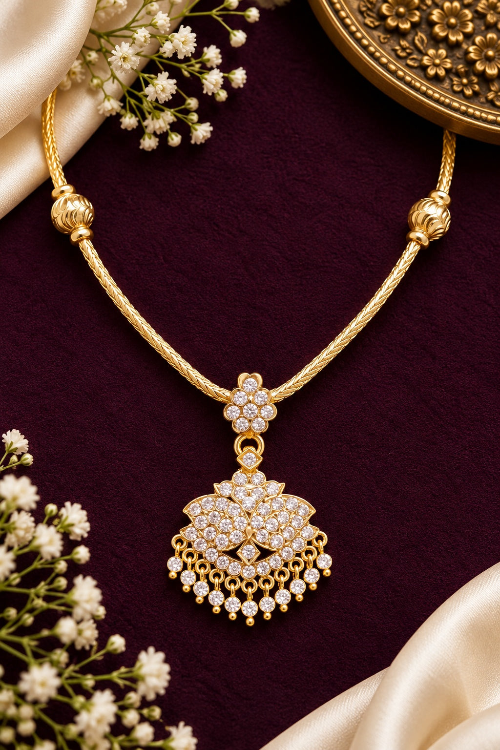 Pearl Gundu Necklace set with Half Jhumki Pattern Adige / Panchloha Mopu