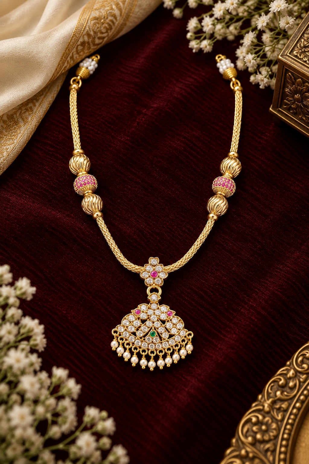 Small Adige / Panchloha Pendant with Gundu Ruby Mopu Chain