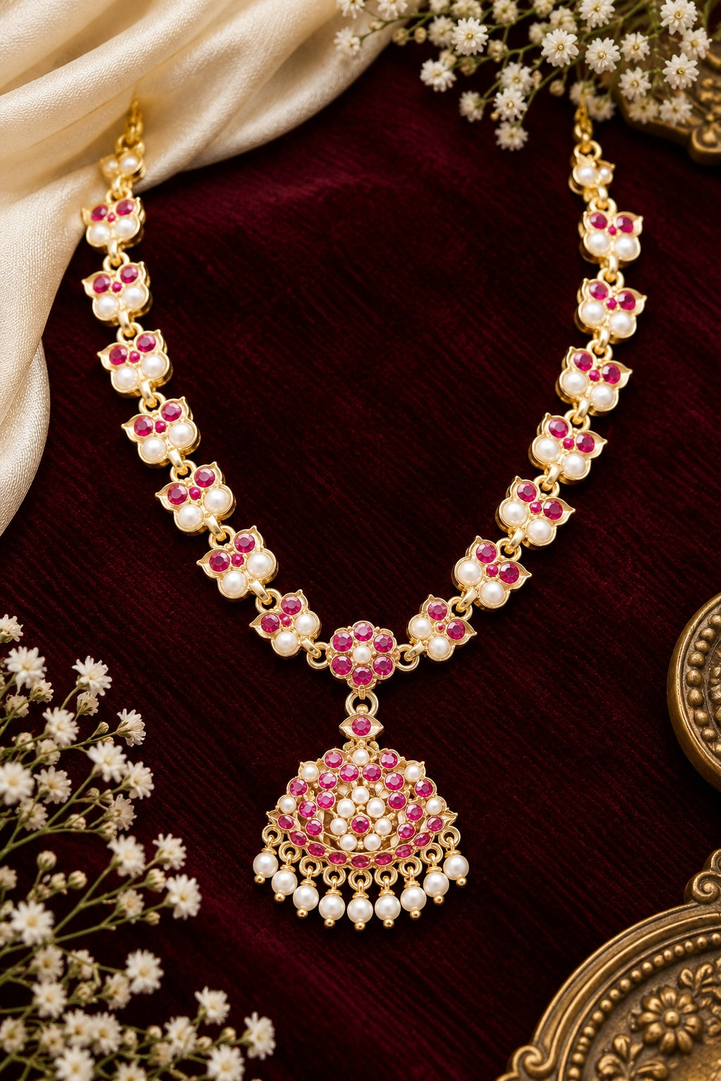 Premium Red white Muthu Adige Necklace