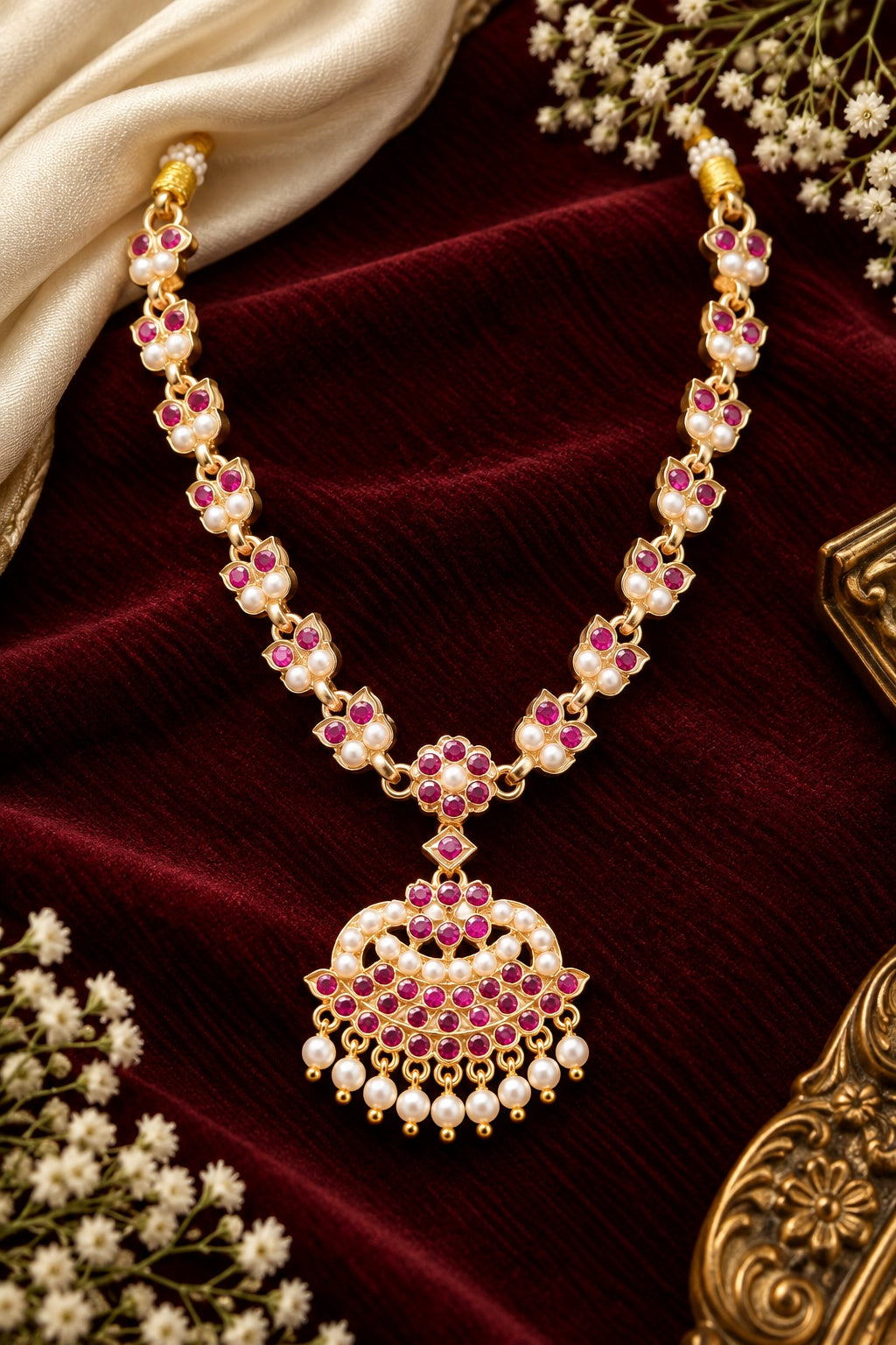 Premium Red white Muthu Adige / Panchloha Necklace