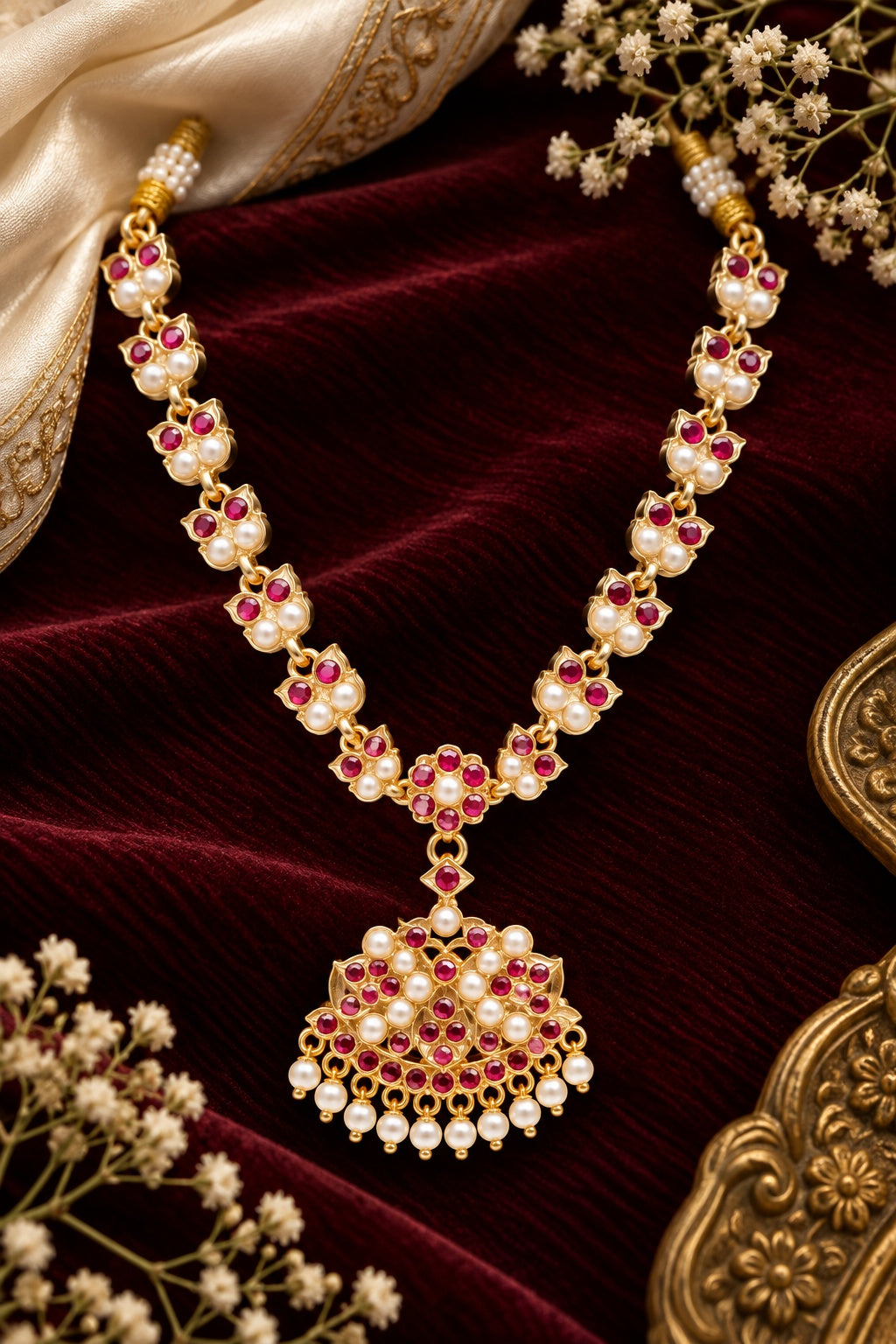 Premium Red white Muthu Adige / Panchloha Necklace