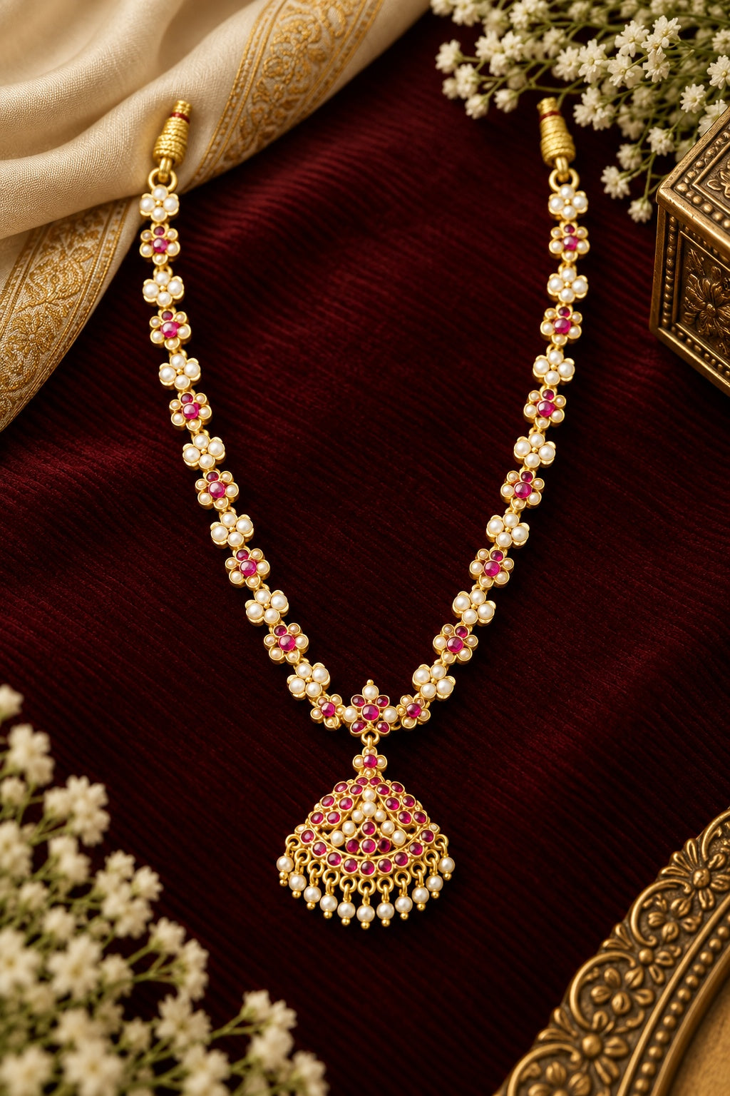 Premium Red white Muthu Adige / Panchloha Necklace