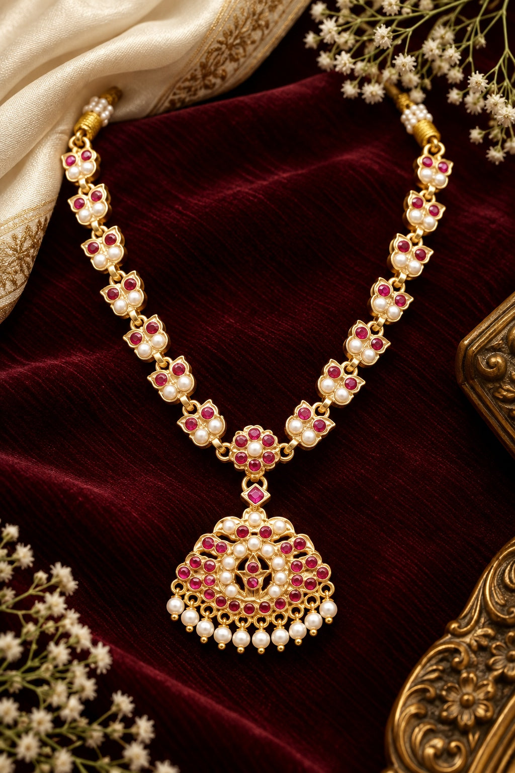 Premium Red white Muthu Adige / Panchloha Necklace