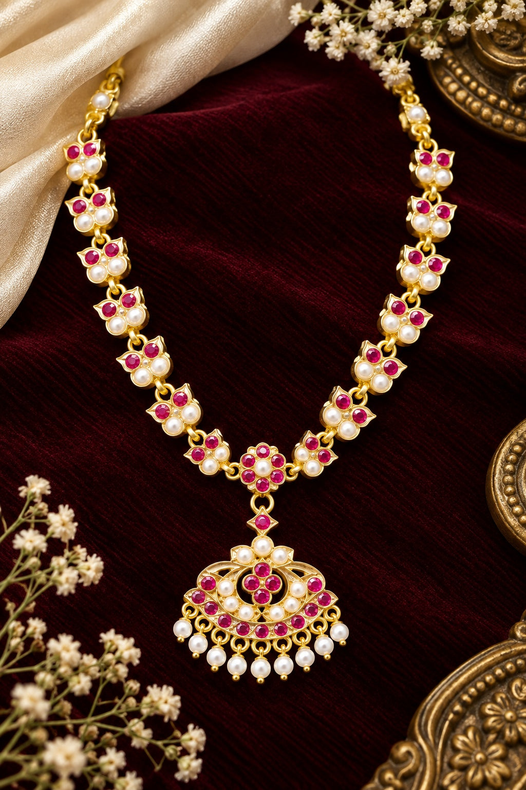 Premium Red white Muthu Adige / Panchloha Necklace