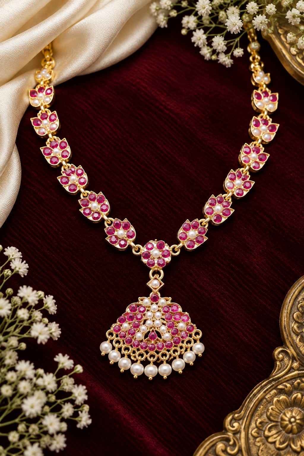 Premium Red white Muthu Adige Necklace