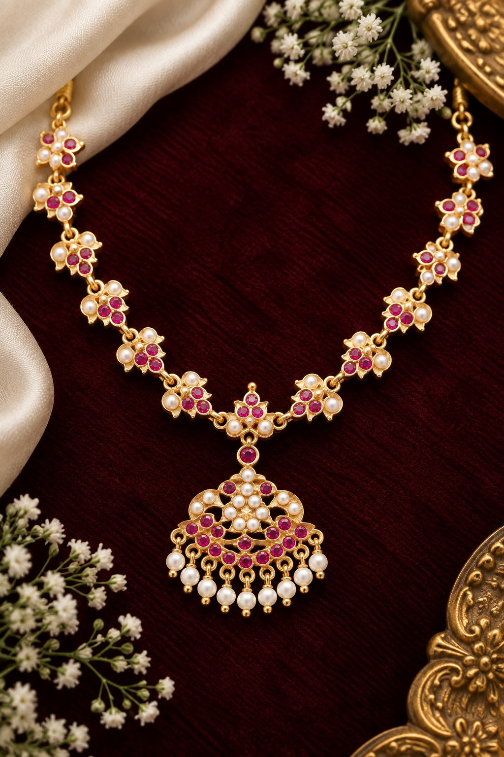 Premium Red white Muthu Adige Necklace