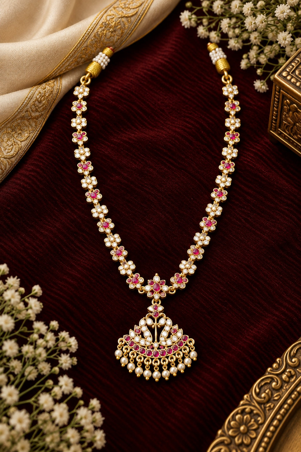 Premium Red white Muthu Adige Necklace