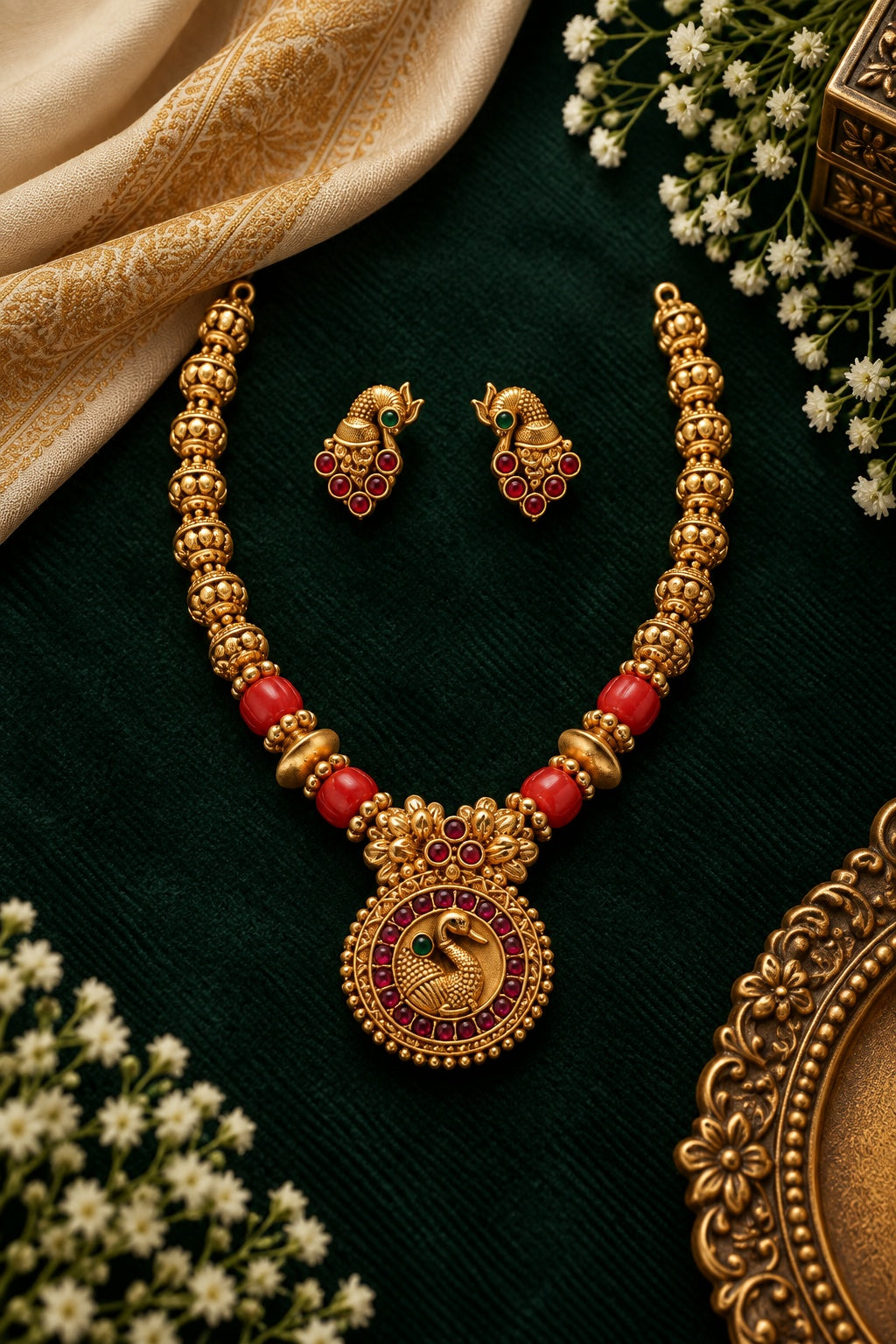 Antique Gundu Necklace set with Coral Stone
