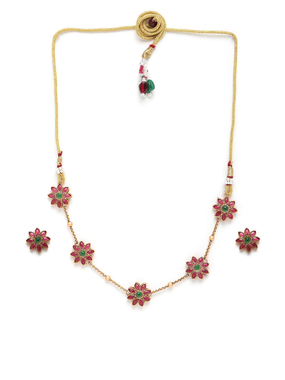 Floral motif Elegant Premeium Gold Finish Designer Multicolor stones Necklace Set 22115N