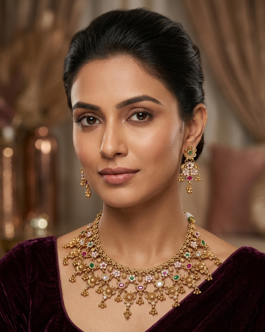 Gold Plated Heritage collection Necklace Set with real kundan and kempu stones