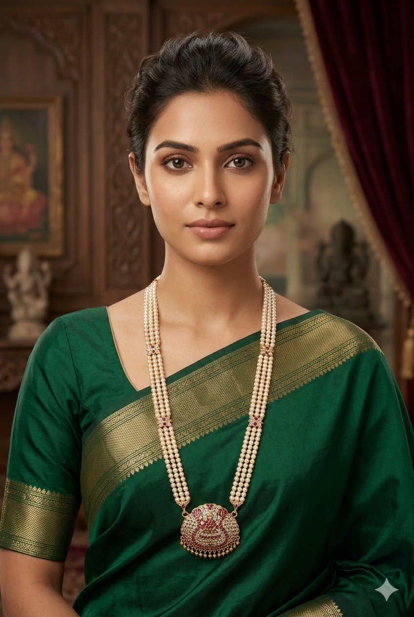 3 Line Hyderabdi pearl with panchaloha Pendant Necklace Set