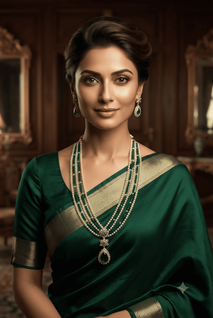 5 Line Maala of 3 line pearl and 2 line stone Necklace set with pendant and earrings