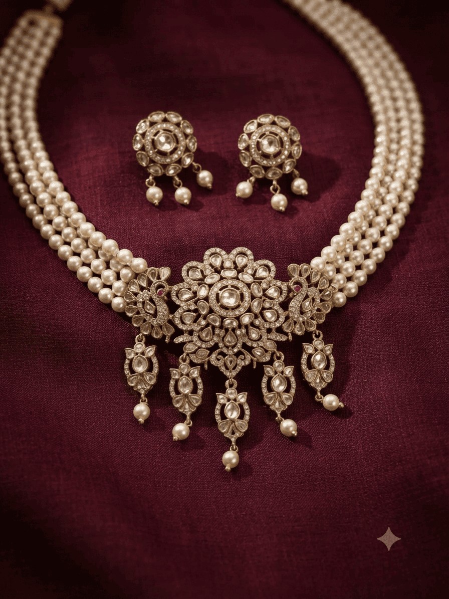 4 line swarovski pearl Choker set with earrings