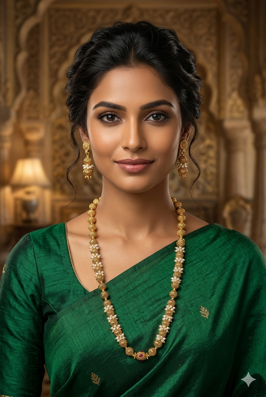 Gold Plated Long Necklace Set with Gundu and pearls