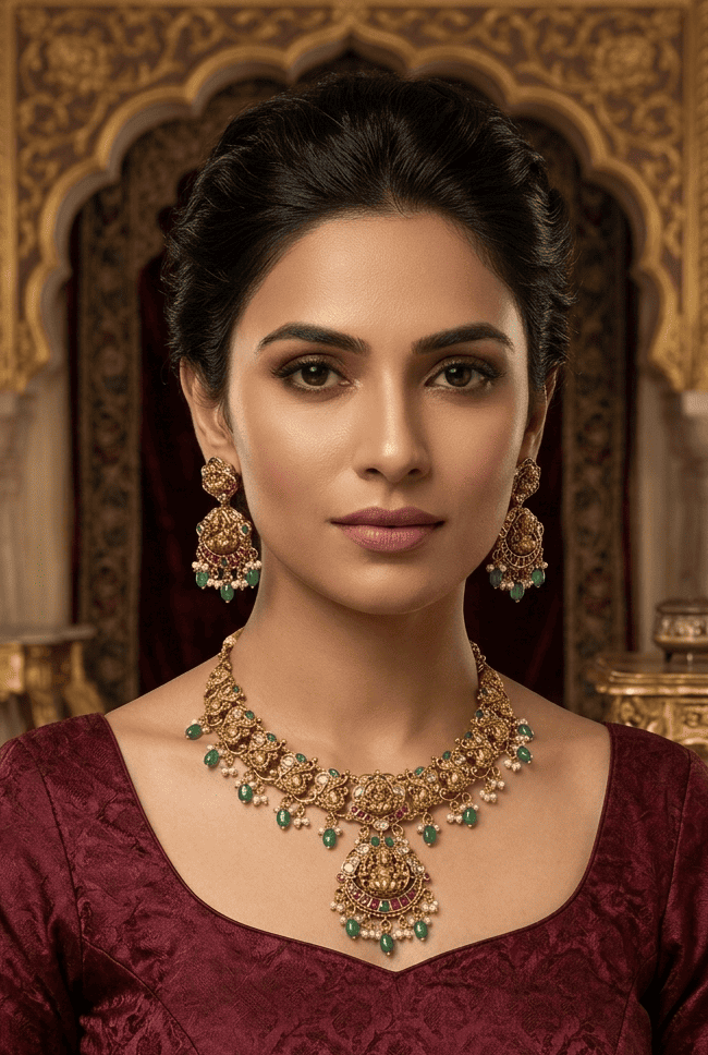 Long Antique gold plated necklace set in jadau