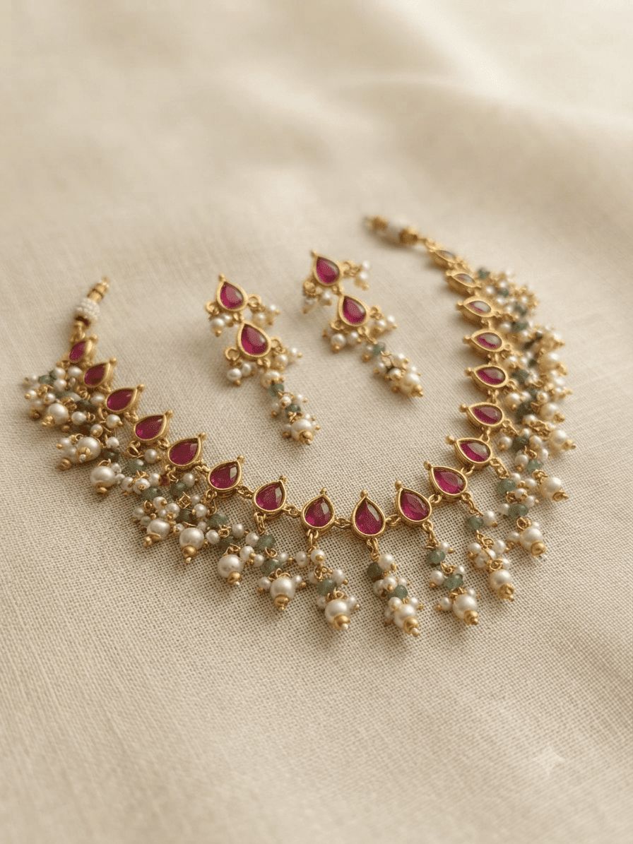 Premium Short Necklace Set with pearl drops