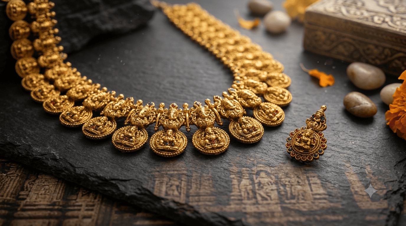Premium Gold Plated Antique Kasu Long Necklace Set