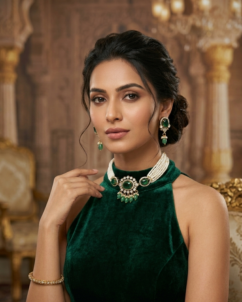 Gold Plated Mossanite with Pearl Choker Necklace set Green Stone