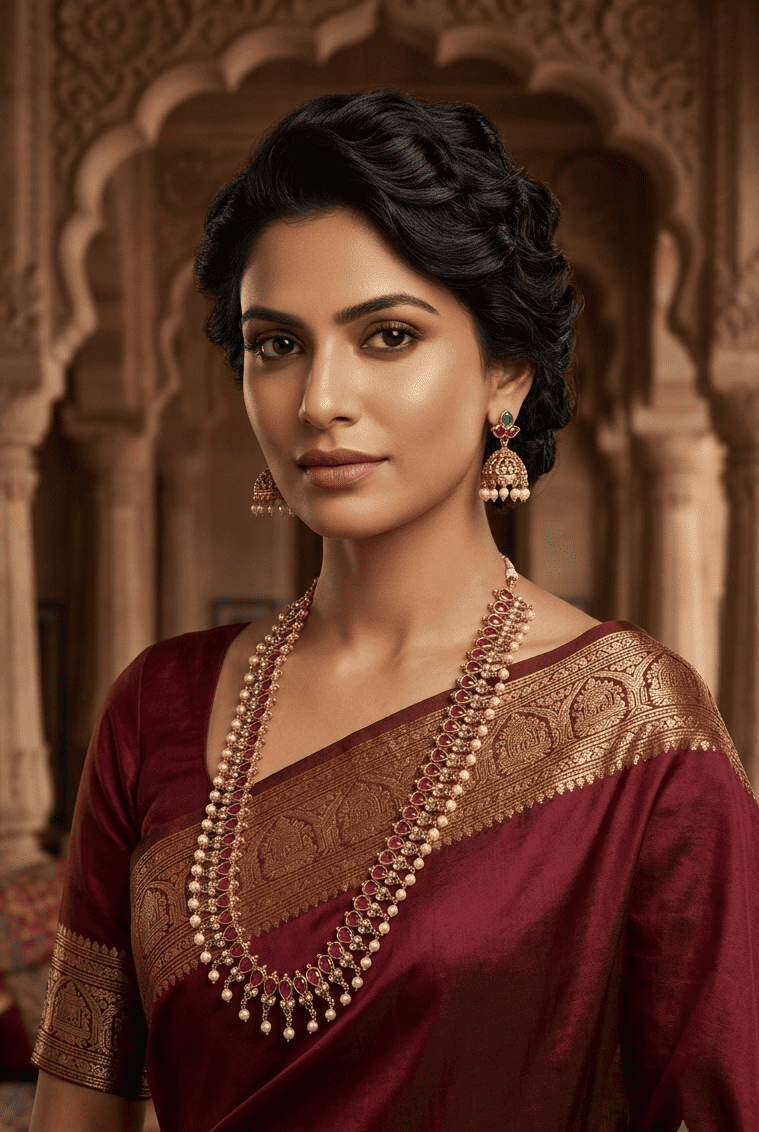 Long Antique gold plated necklace set in jadau