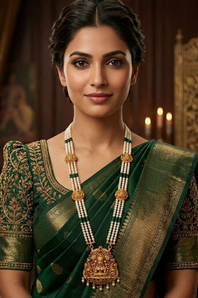 3 Line Pearl with 4 mm onyx Necklace Set with Laxmi Pendant