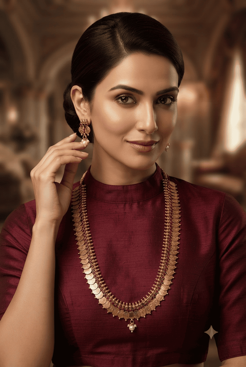 Gold Plated Long kasu Necklace with Red Stones