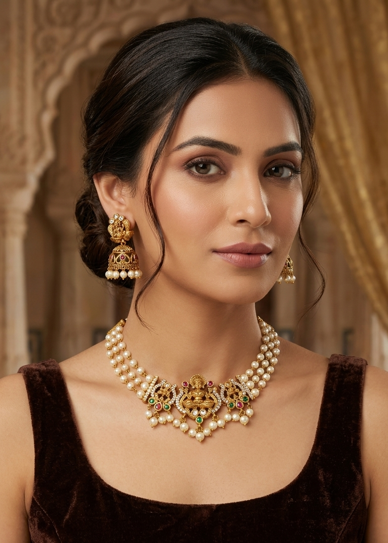 Gold Plated Premium Short Choker Necklace Set with pearls