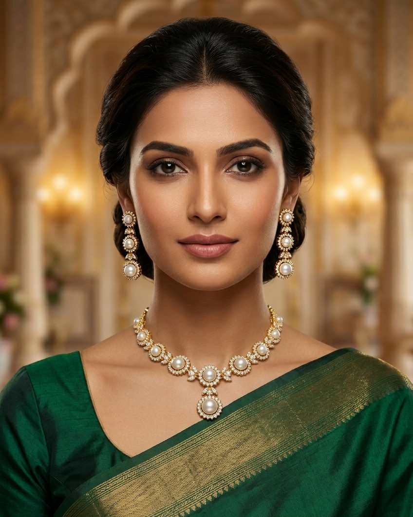 Gold Plated Premium Red Ruby Like AD Necklace Set with pearl