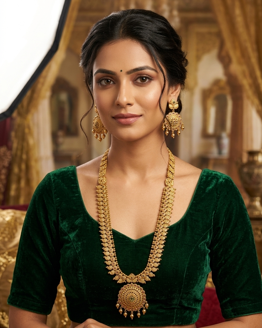 Gold Plated Long Temple Necklace Set