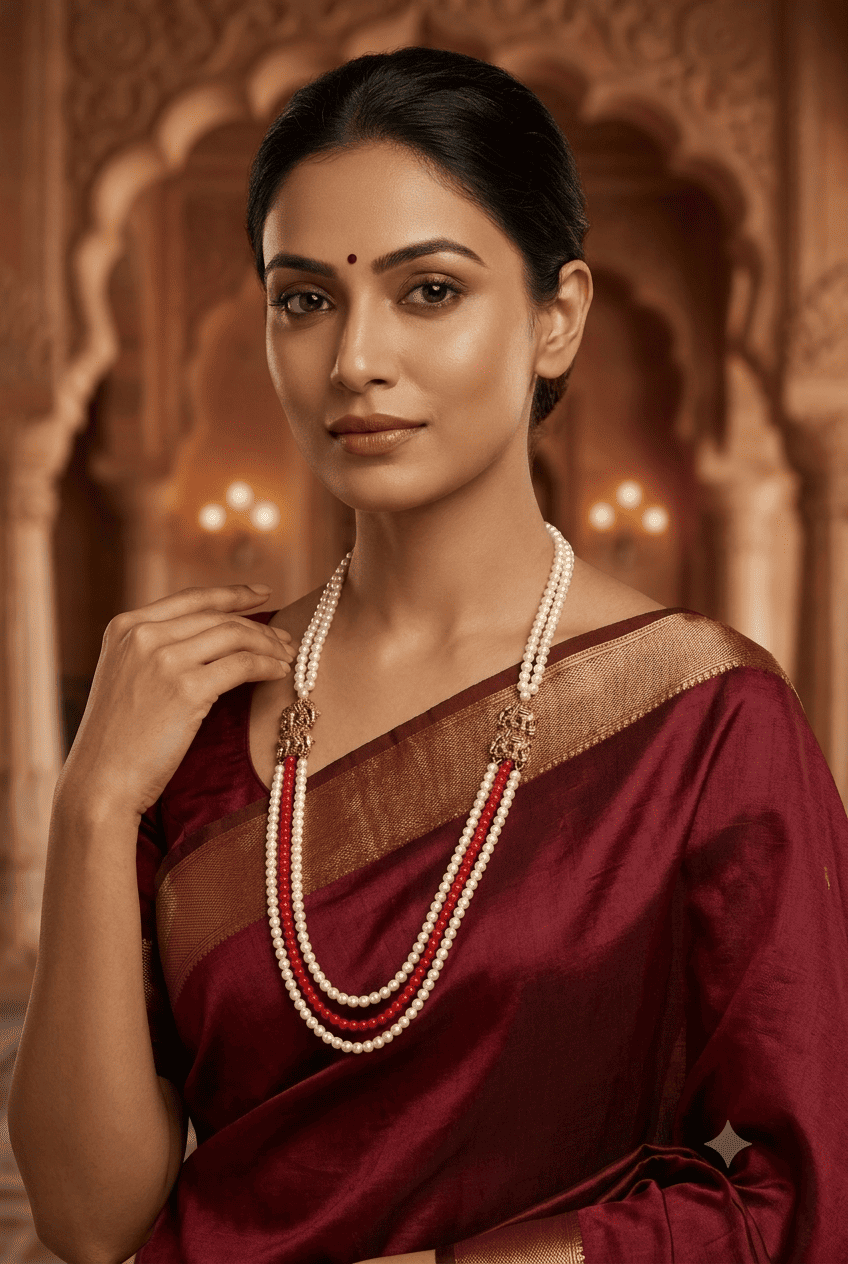 Premium 3 Line 4mm Hyderabadi Pearl Maala with Mopu and Coral