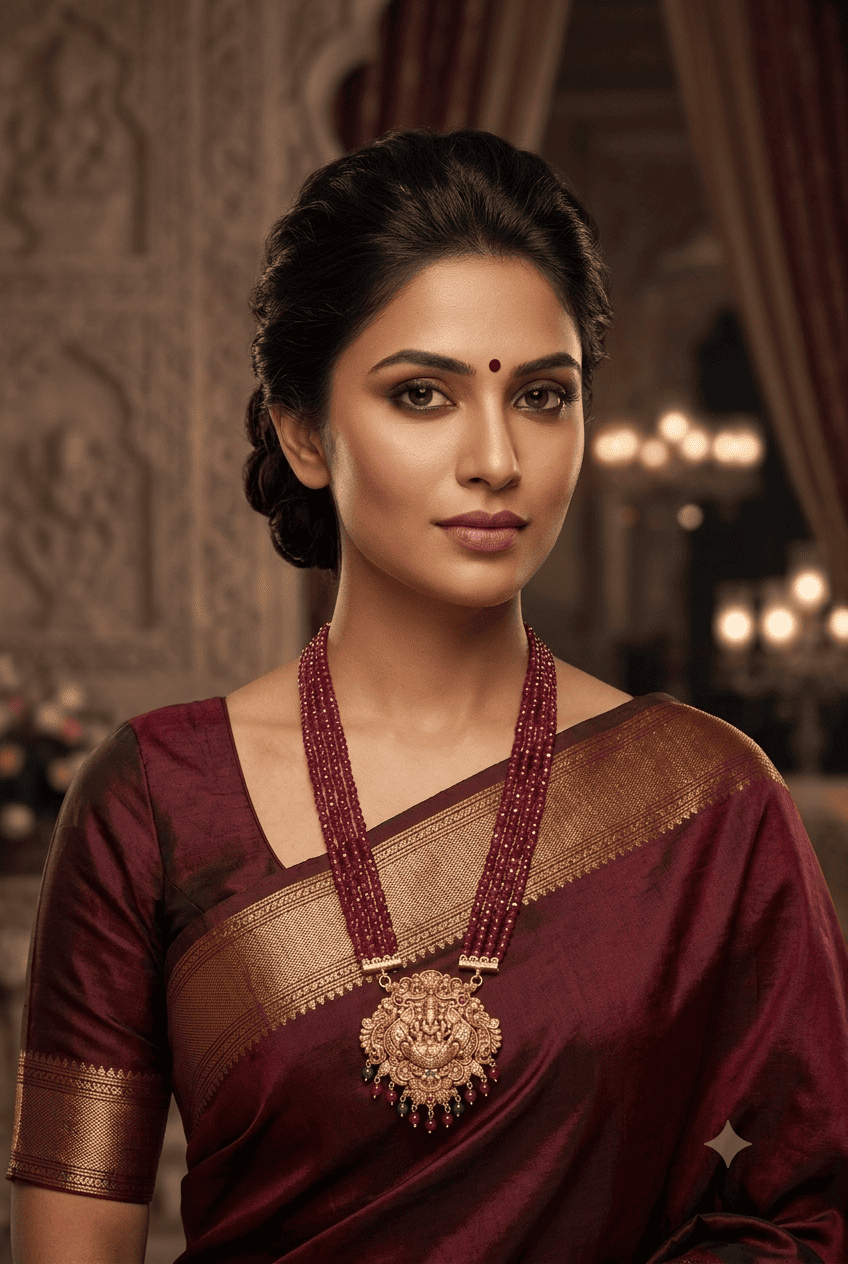 Premium Timeless Collection Temple Pendant with 4 Line Crystal onyx batti mala Necklace Set