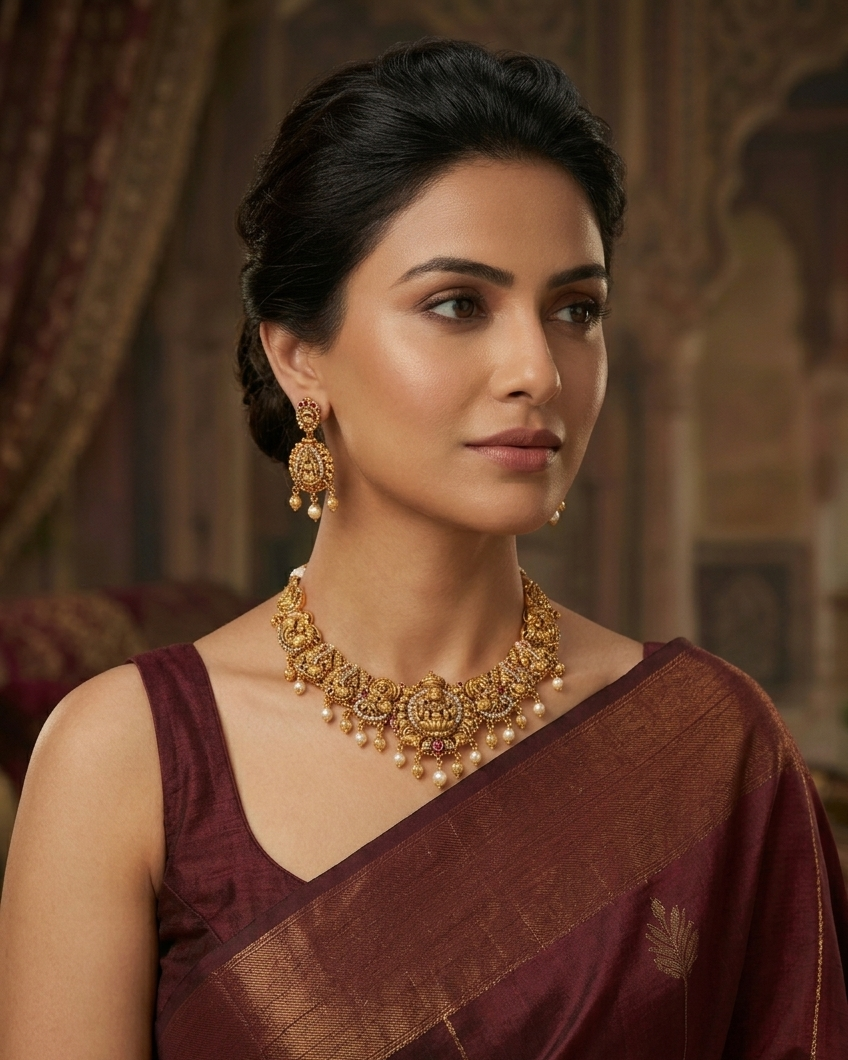 Premium Gold Plated Antique Short Necklace Set