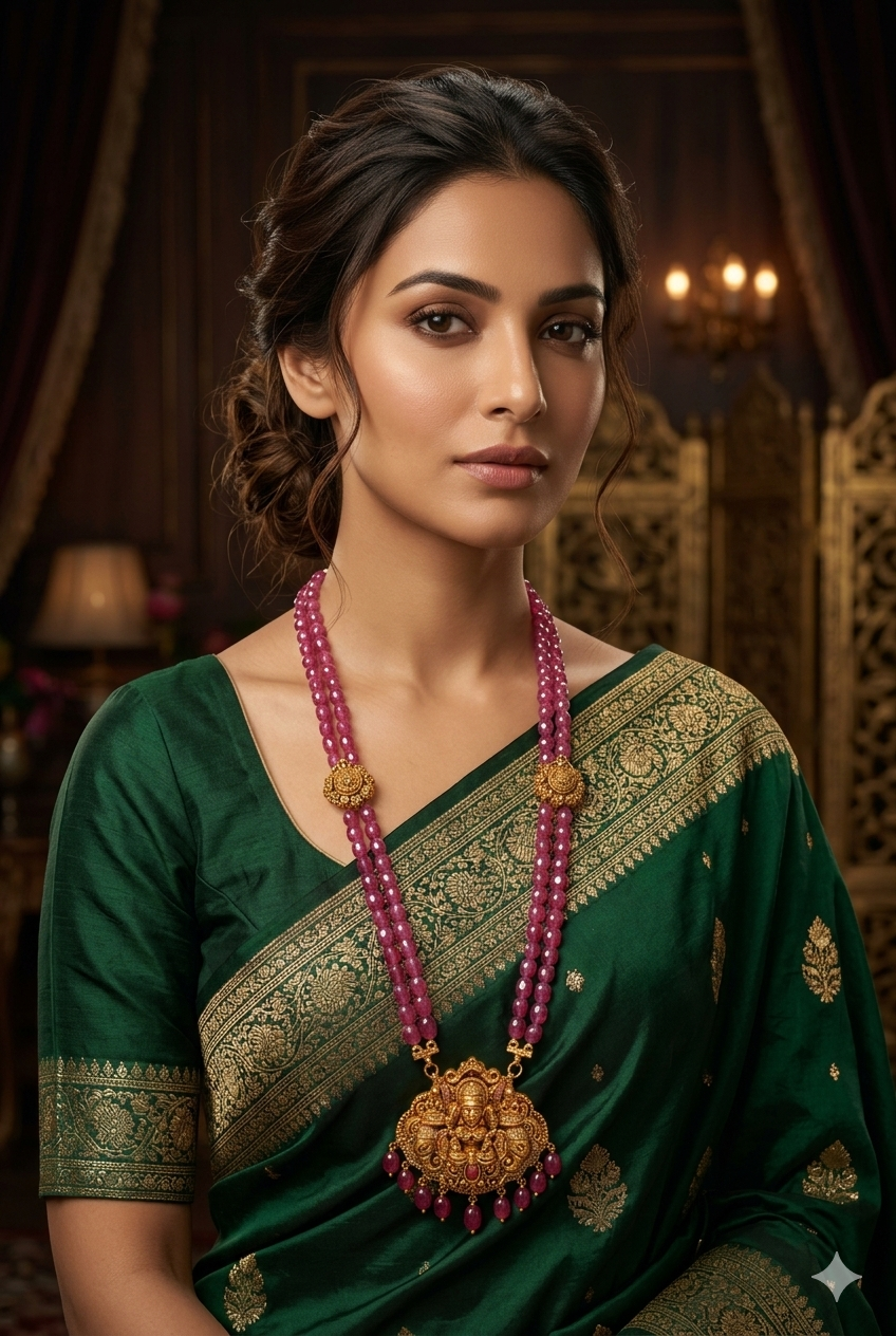 2 Line Duldul stone Necklace with Brooch and Pendant