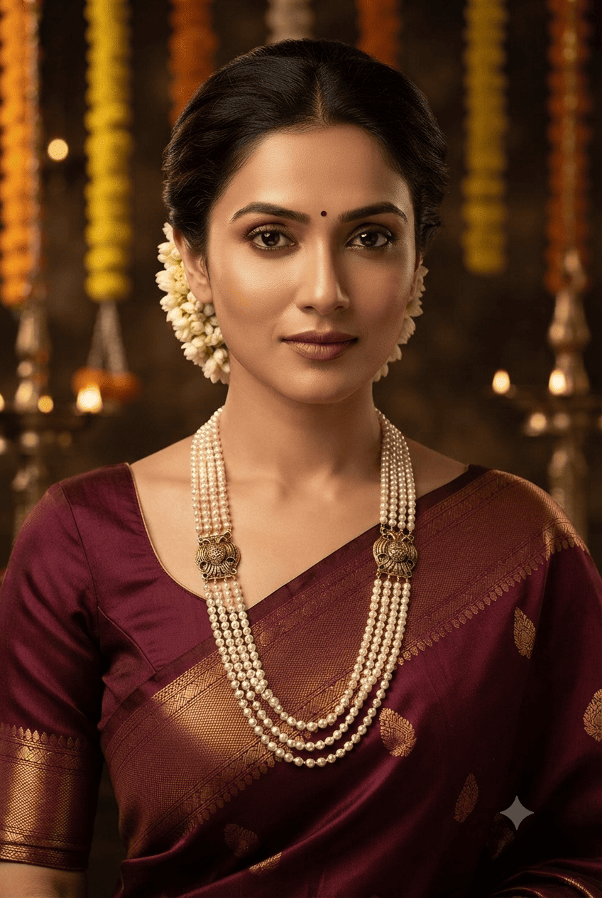 22 inches 4 line 4mm Swarovski Pearl maala with 2 sides gandabaranda mopu