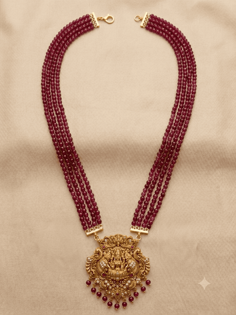 Premium Timeless Collection Temple Pendant with 4 Line Crystal onyx batti mala Necklace Set