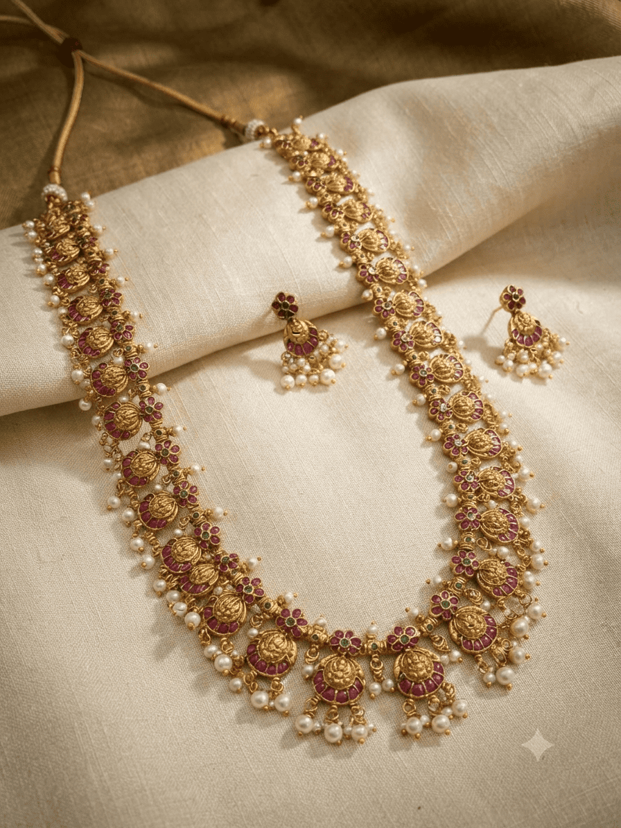 Long Antique gold plated necklace set in jadau