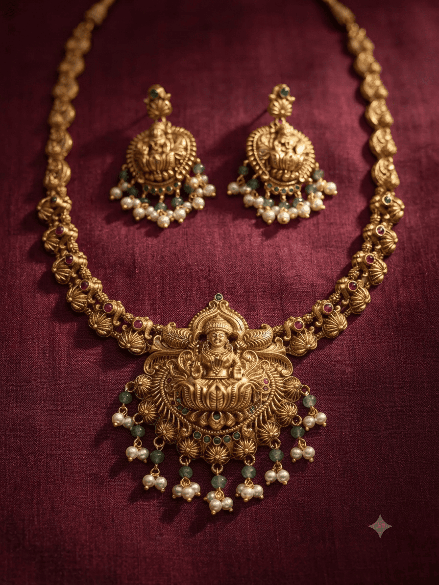 Premium Gold Plated Short Temple necklace Set with pearl drops