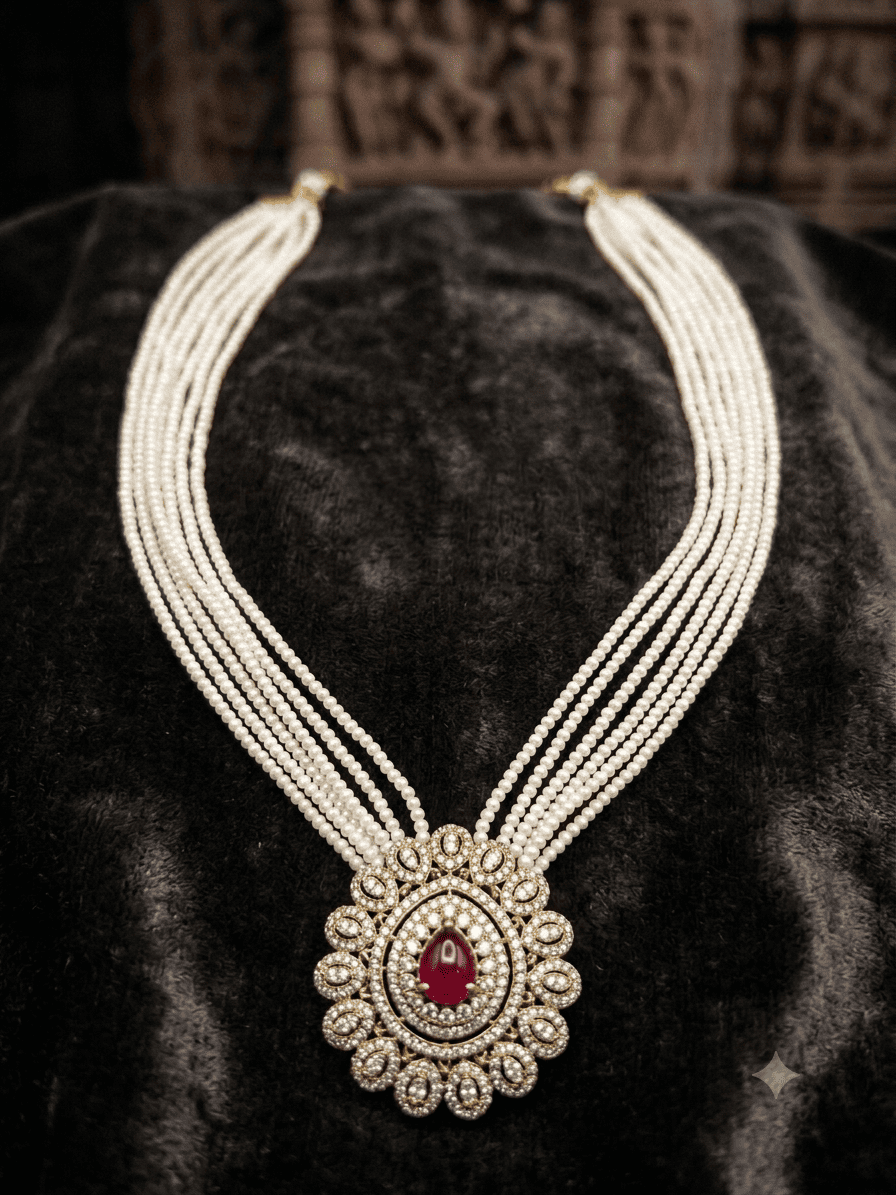 Premium 6 Line 2mm Hyderabadi Pearl Maala with Pendant