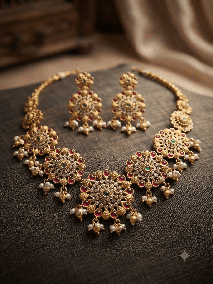 Premium Gold Plated Floral Temple Nekclace Set