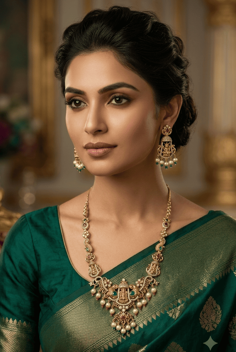 Premium Gold Plated CZ Temple Long Necklace Set