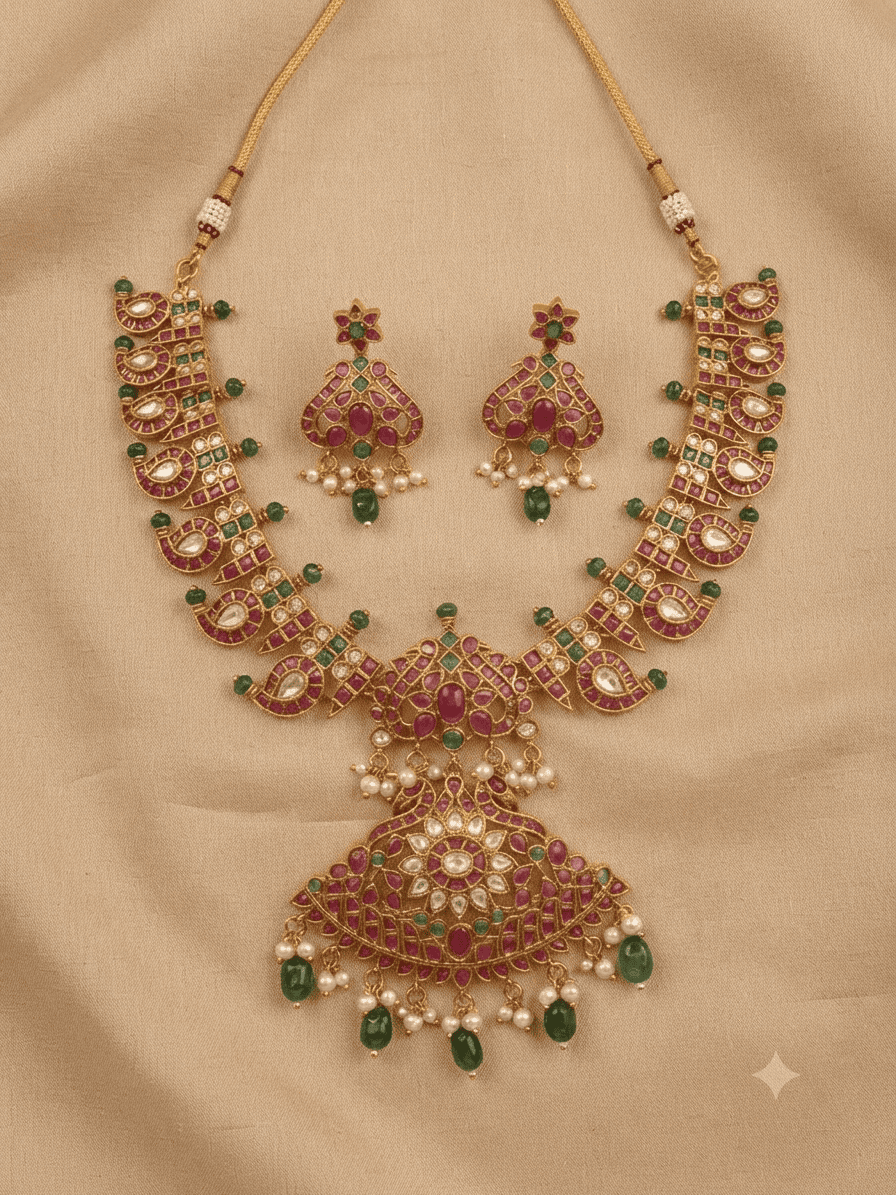 one gram gold plated antique jadau necklace set
