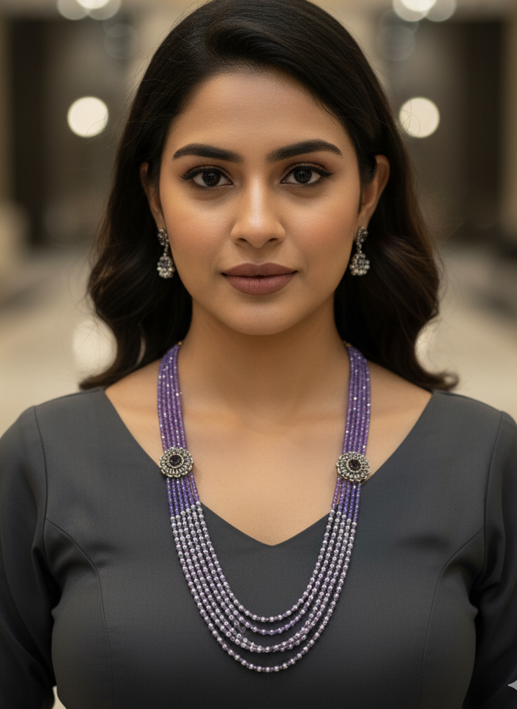 24 inches Long real Purple Crystal/Mani Necklace set Multilayer with Hyderabadi pearls