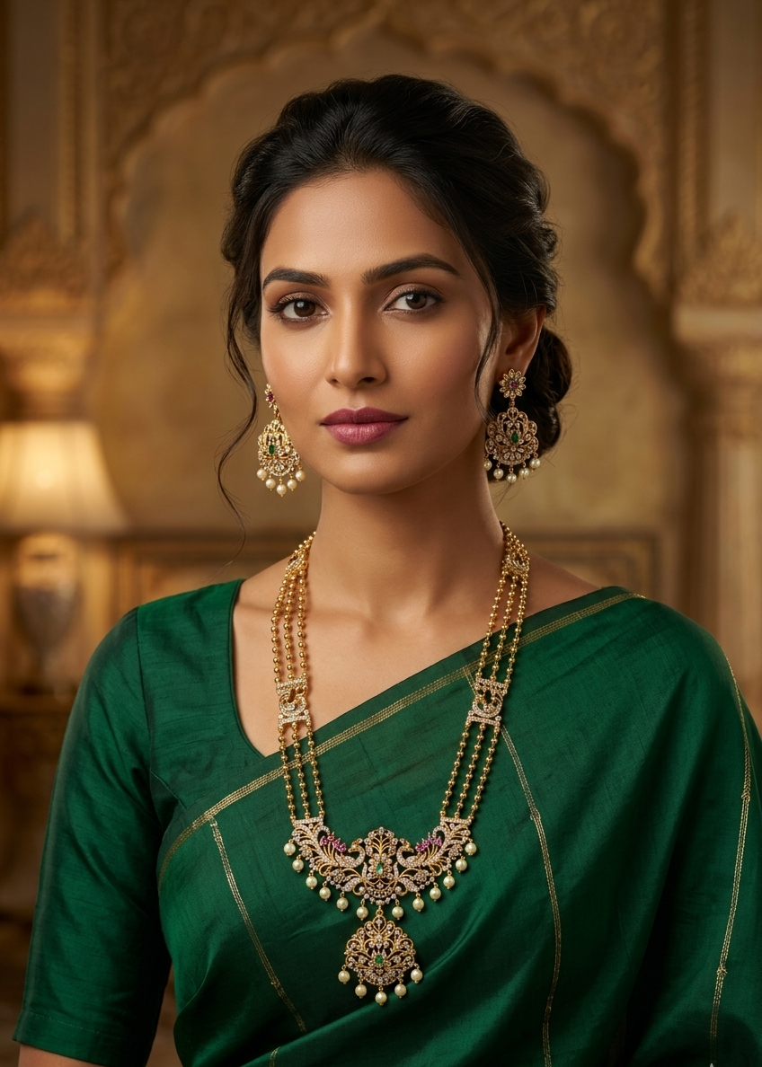 Gold Plated Three Line Ball Chain Long necklace Set