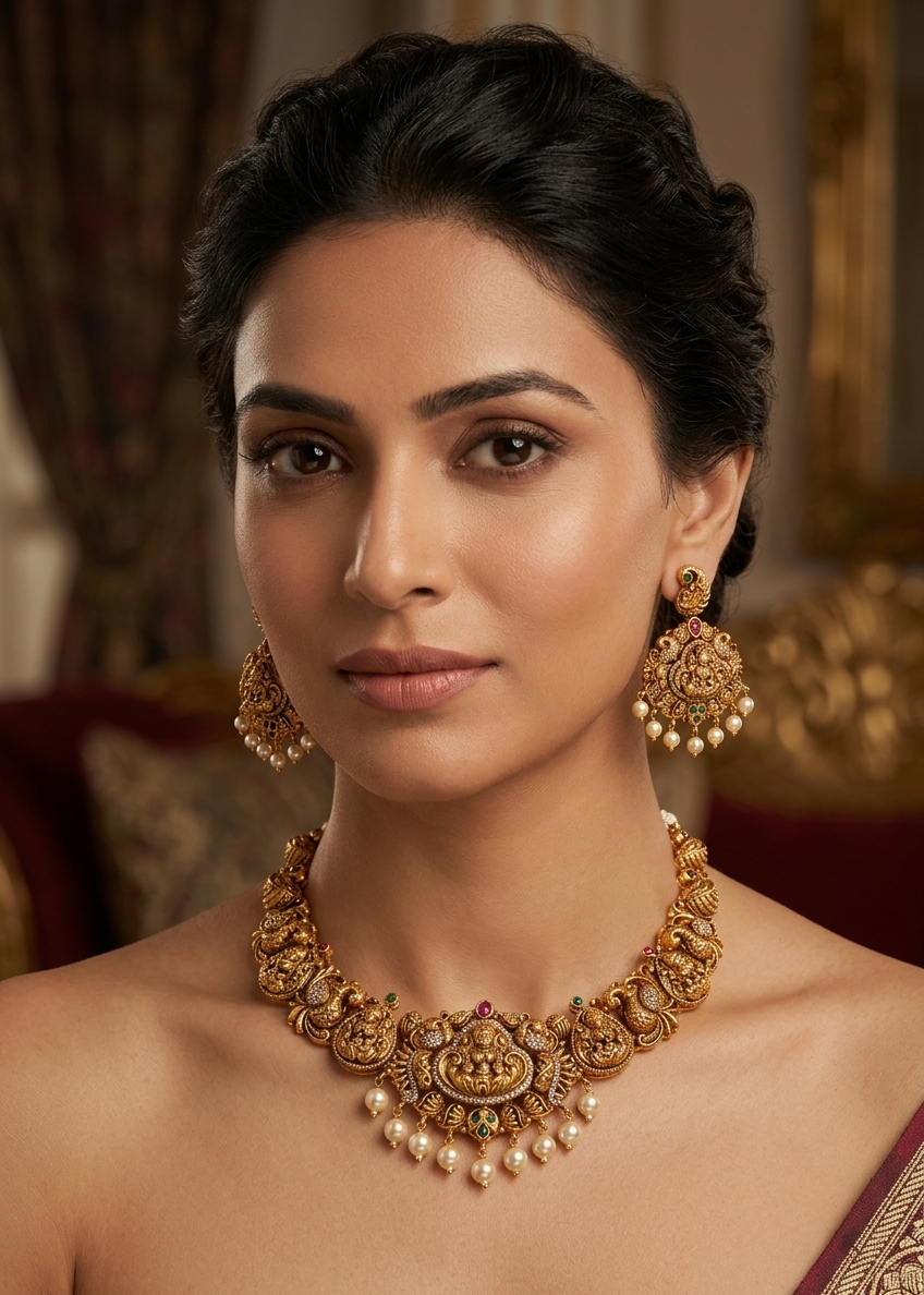 Premium Gold Plated Antique Short Necklace Set