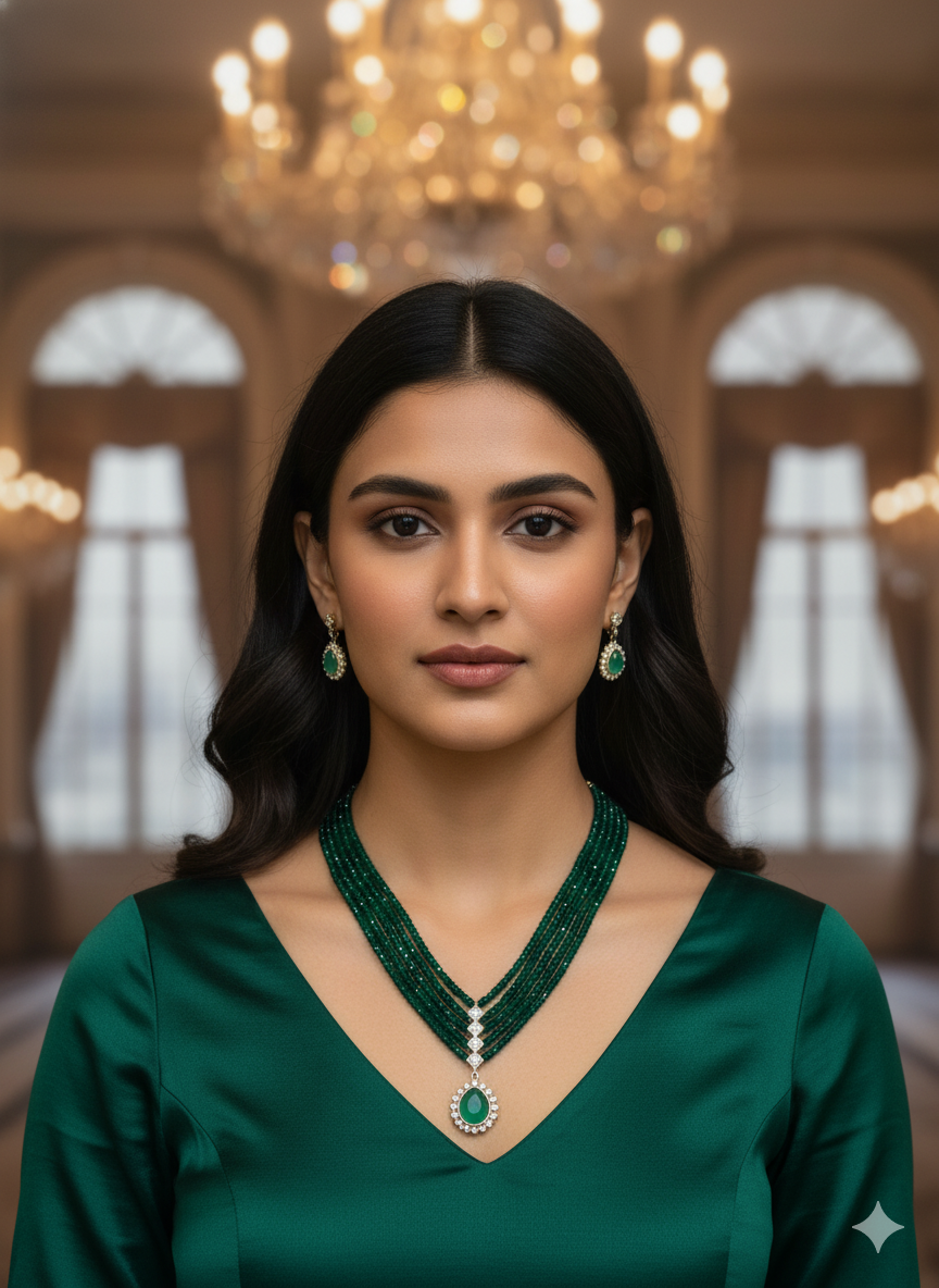 24 inches Long 5 lines Real Green Crystal/Mani Necklace set Multilayer with Straight Dollar Brooch