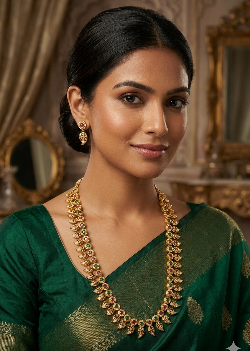 Gold Plated Long Kasu Laxmi Necklace Haram Set with mango